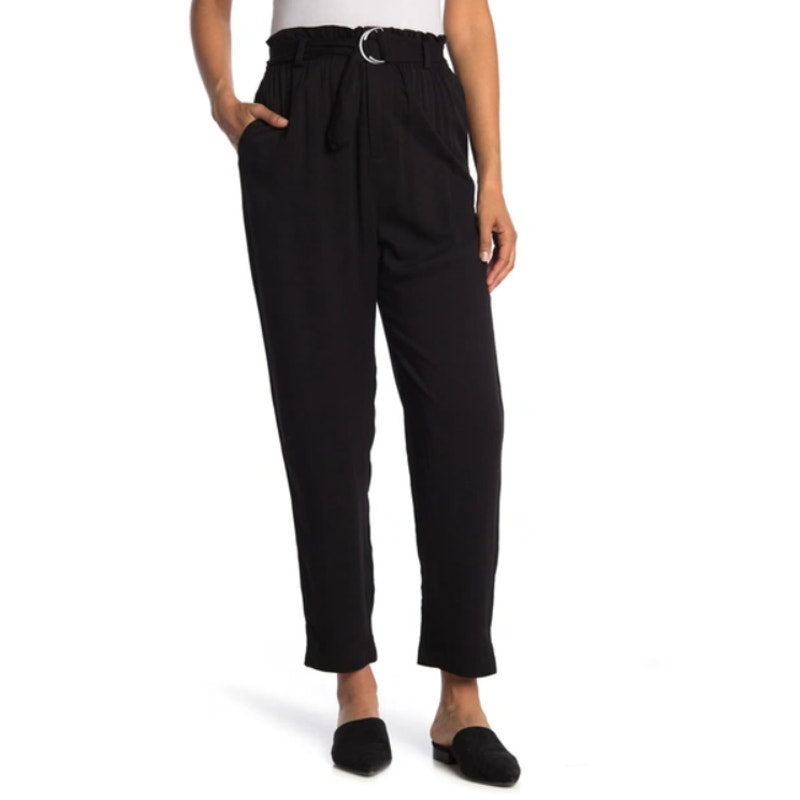 NEW ABOUND Belted Ruffled Paperbag Pants In Black Size Small front zip casual