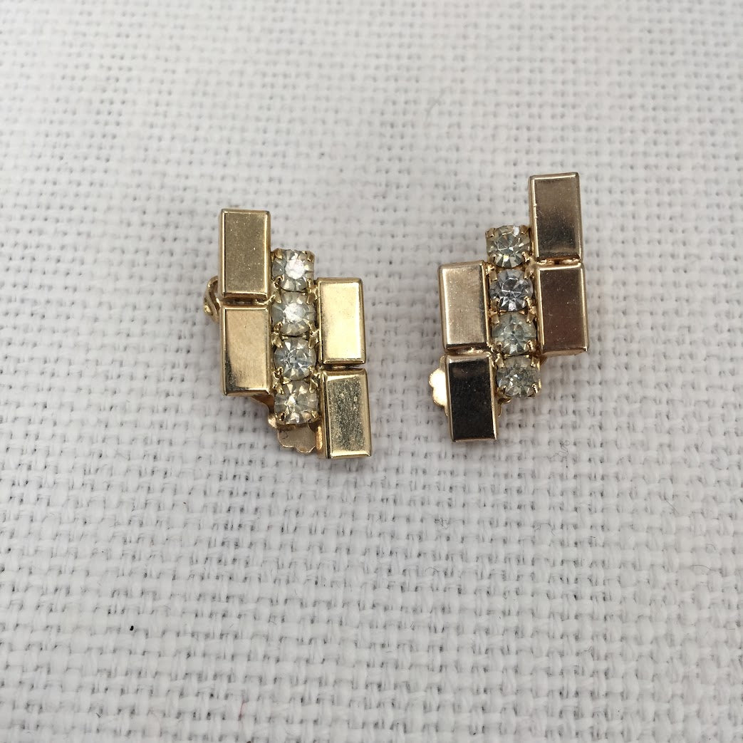 Vintage Fashion Earrings Clip ON Goldtone and Crystal Ultra Modern MCM