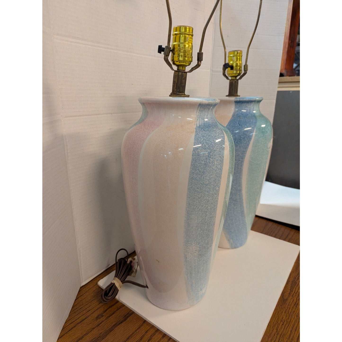 Vintage Montgomery Ward Pastel Ceramic Table Lamps Set Blue Pink Swirl Retro