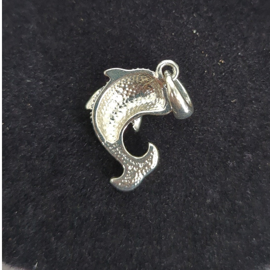 Vintage Silver Tone Blue Rhinestone Dolphin Charm One Inch Coastal Nautical