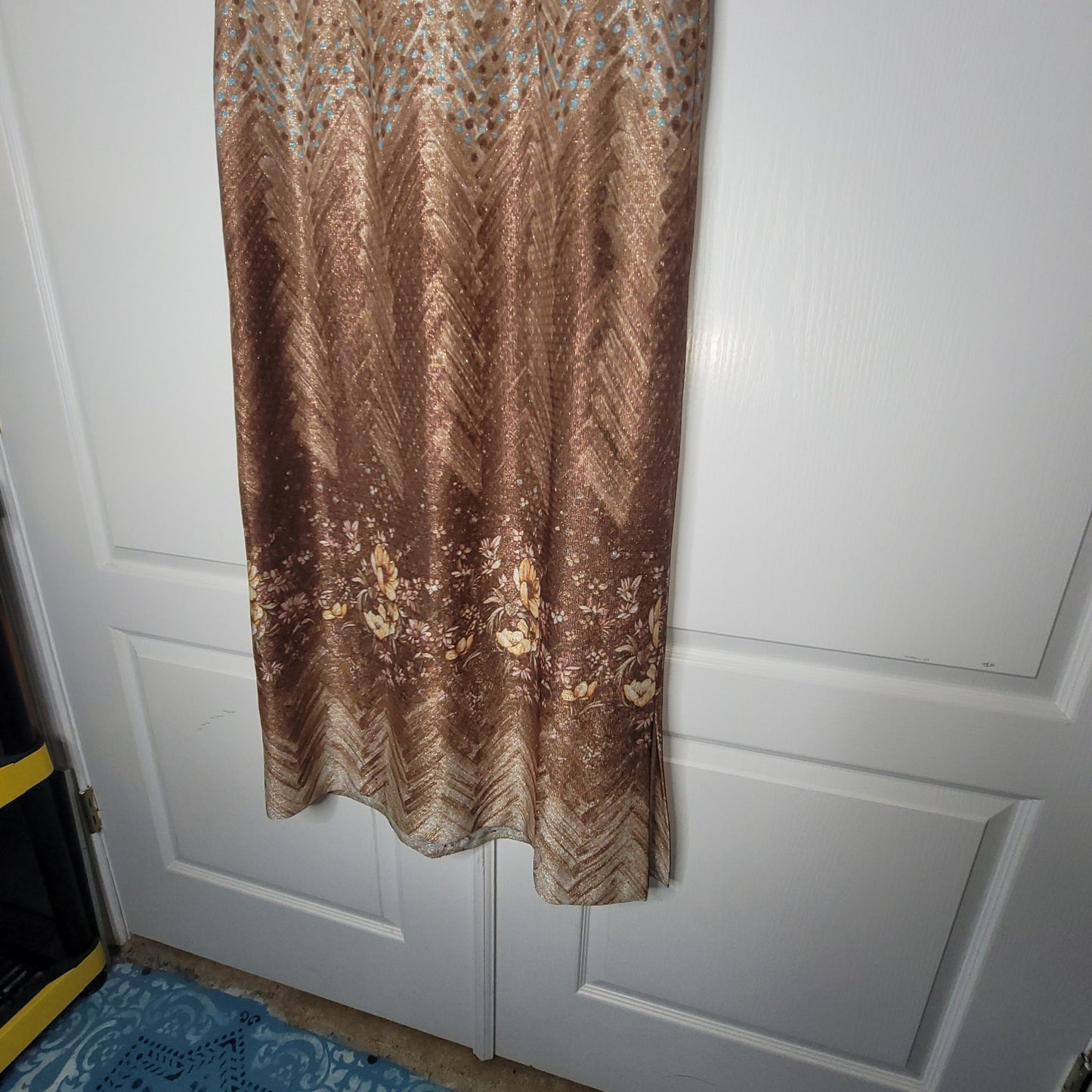 Vintage Handmade Brown Ombre Metallic Chevron Maxi Dress Extra Large XL 1970s