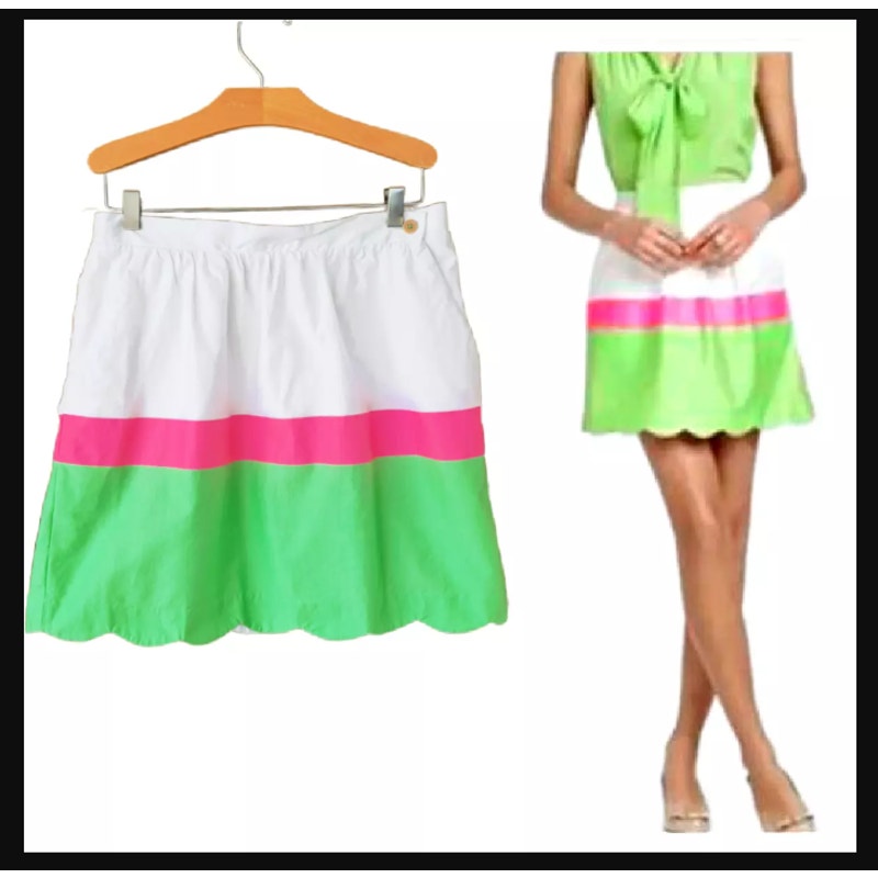 Lilly Pulitzer Mimosa Pink White Green Skirt Size XL Elastic Waist Scallop Edge