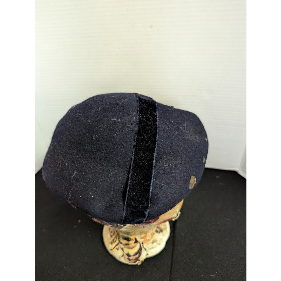 Vintage 40s Navy Blue Wool Felt Tilt Hat Beret Velvet Ribbon Fair Project Piece