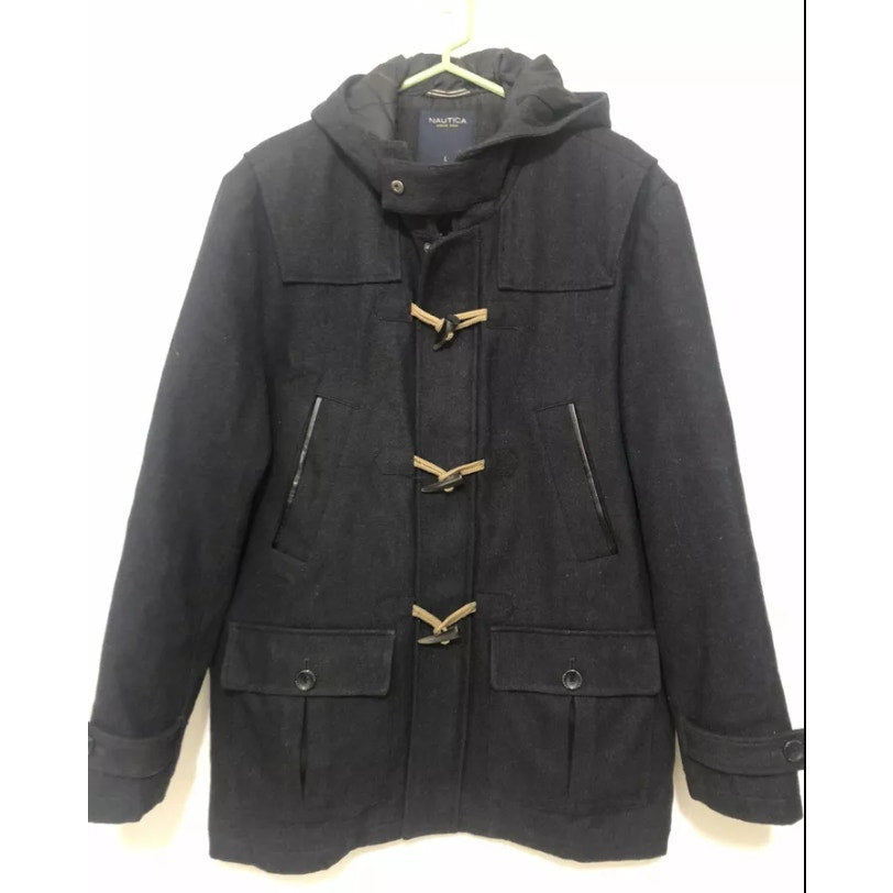 Nautica Wool-Blend Full Zip Toggle Pea Coat Hooded style #72NE SMALL Black NEW