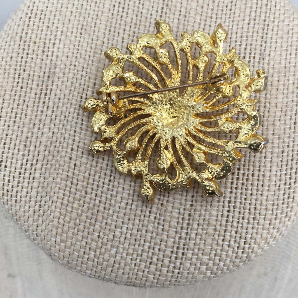 Vintage sparkling brooch pendant, dome clear rhinestone flower gold brooch Swirl