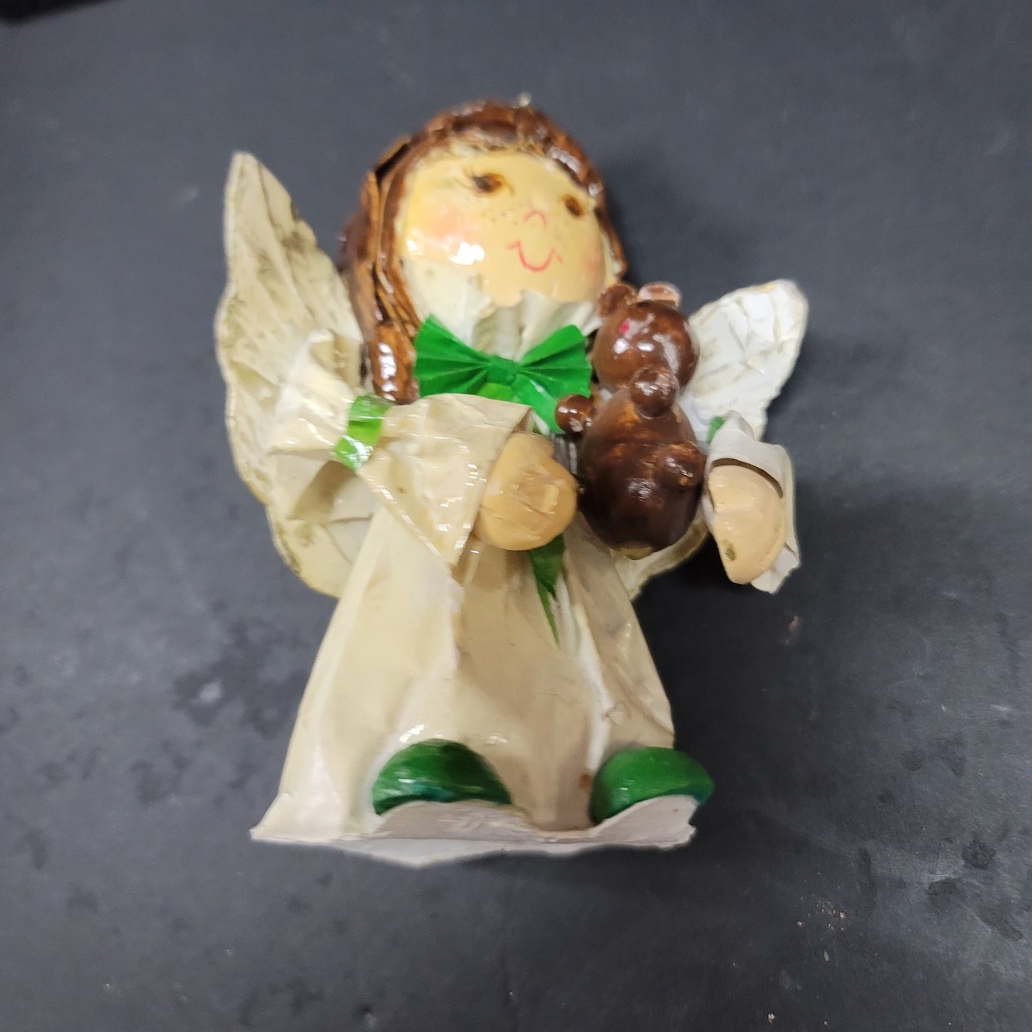 Paper Mache Angel handmade Christmas Caroler Holding a dog 6"