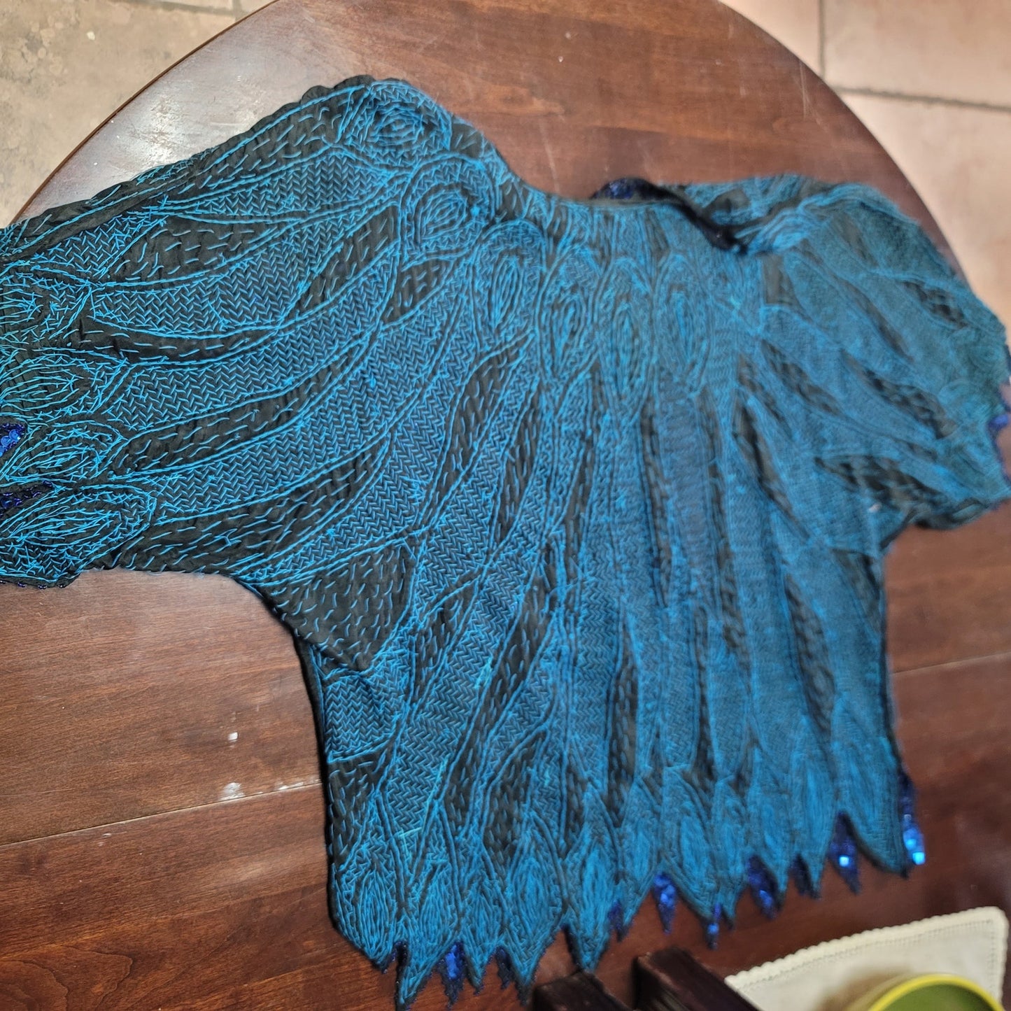 Vintage SILK blue sequin formal womens top jagged hem 80s M/L Handstitched