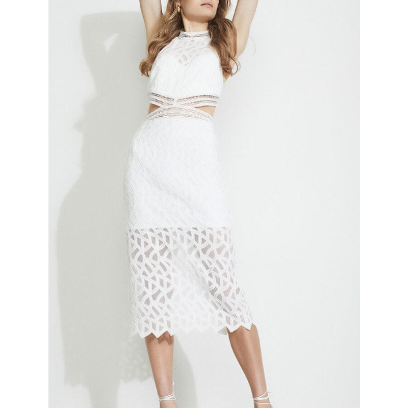 Bardot iSLA Ivory White Lace Dress Size 10 halter side cutouts midi wedding NEW