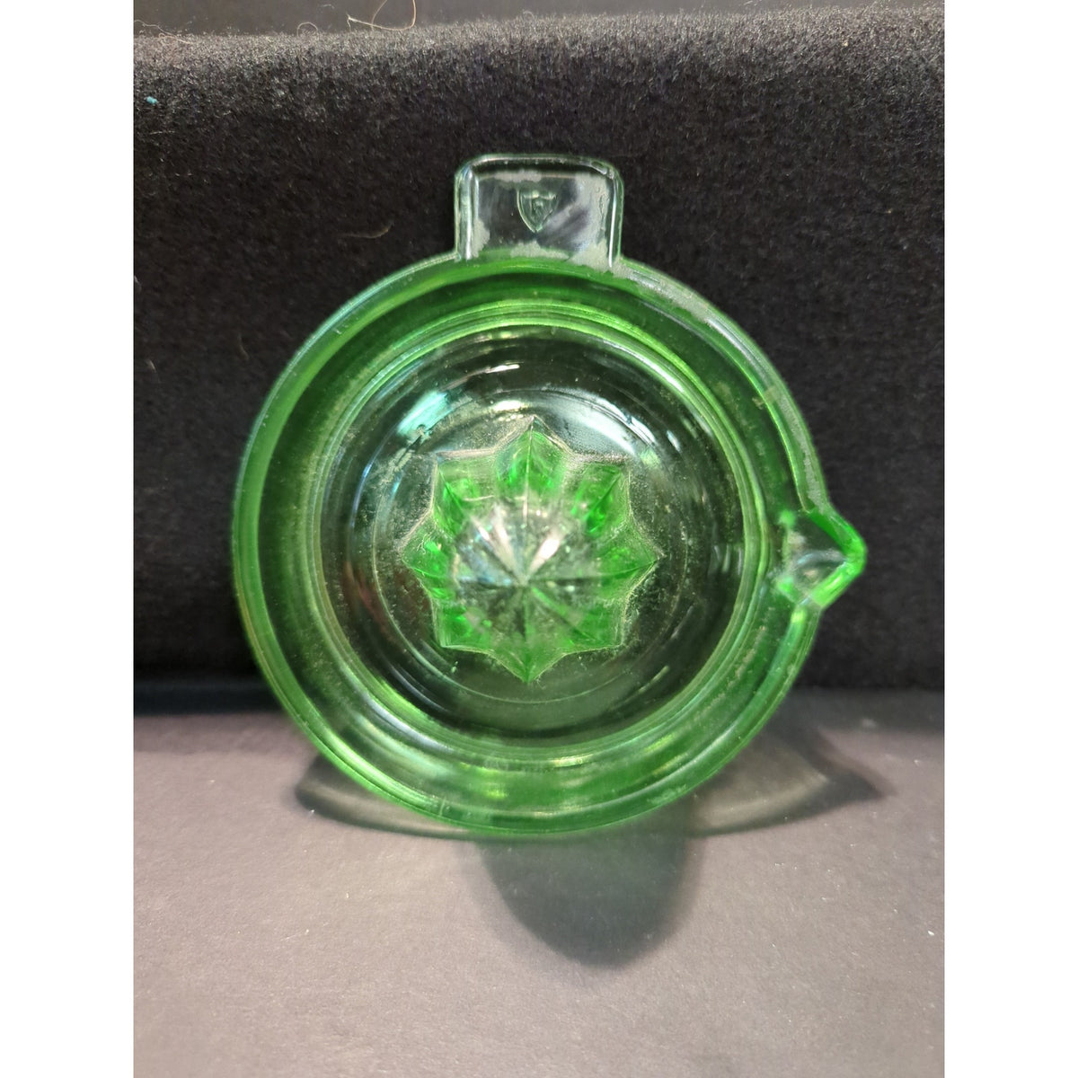 Vintage Federal Glass Green Uranium Juice Reamer with Tab Handle Kitchenware