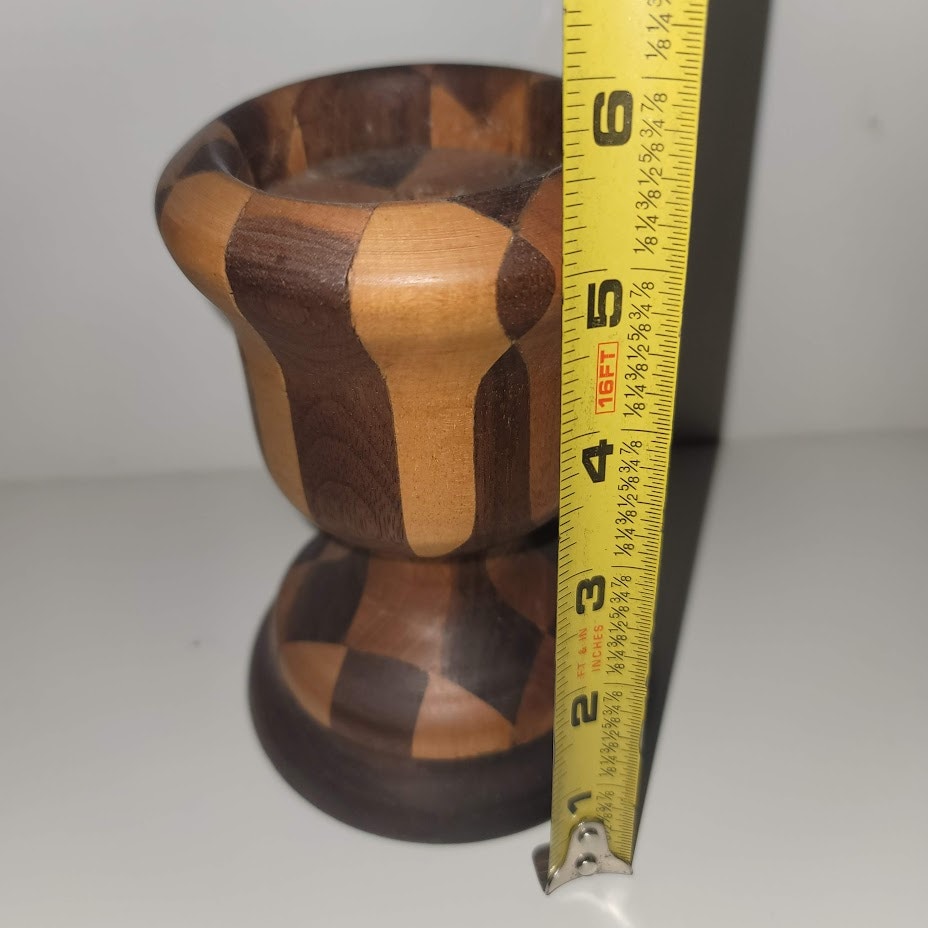 Vintage Taper Candlestick Holder Inlaid Turned Wood Marquetry Signed 1983 gift