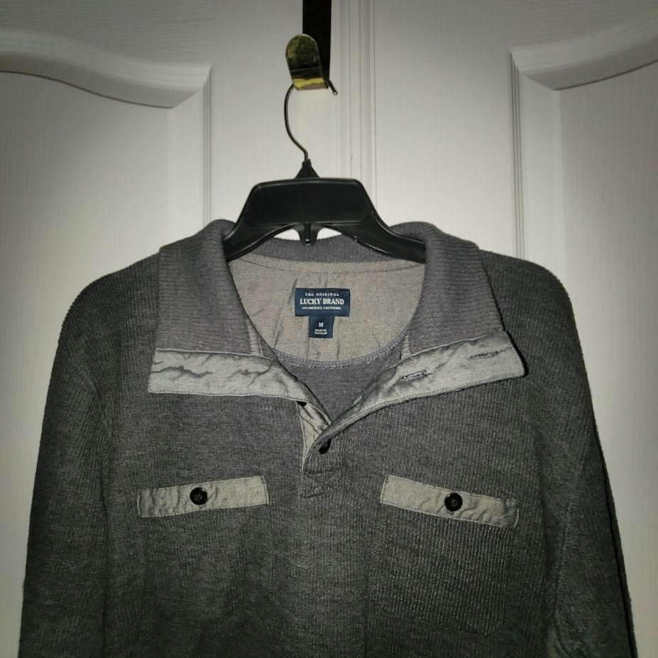 Lucky Brand Medium Heavyweight Grey Collared Henley Pullover Sweater Button