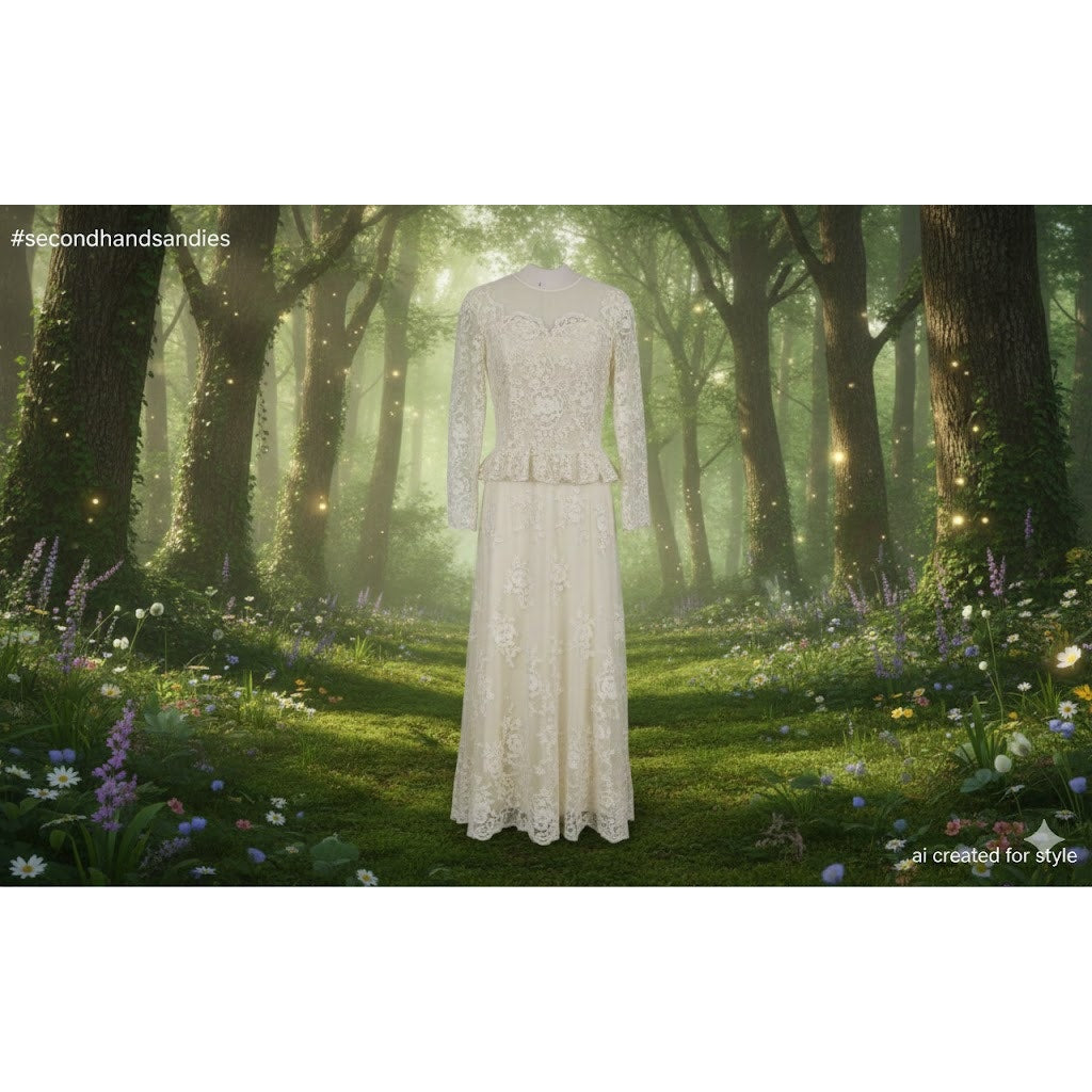Vintage Lace wedding evening dress sheer top line skirt One Piece peplum Waist