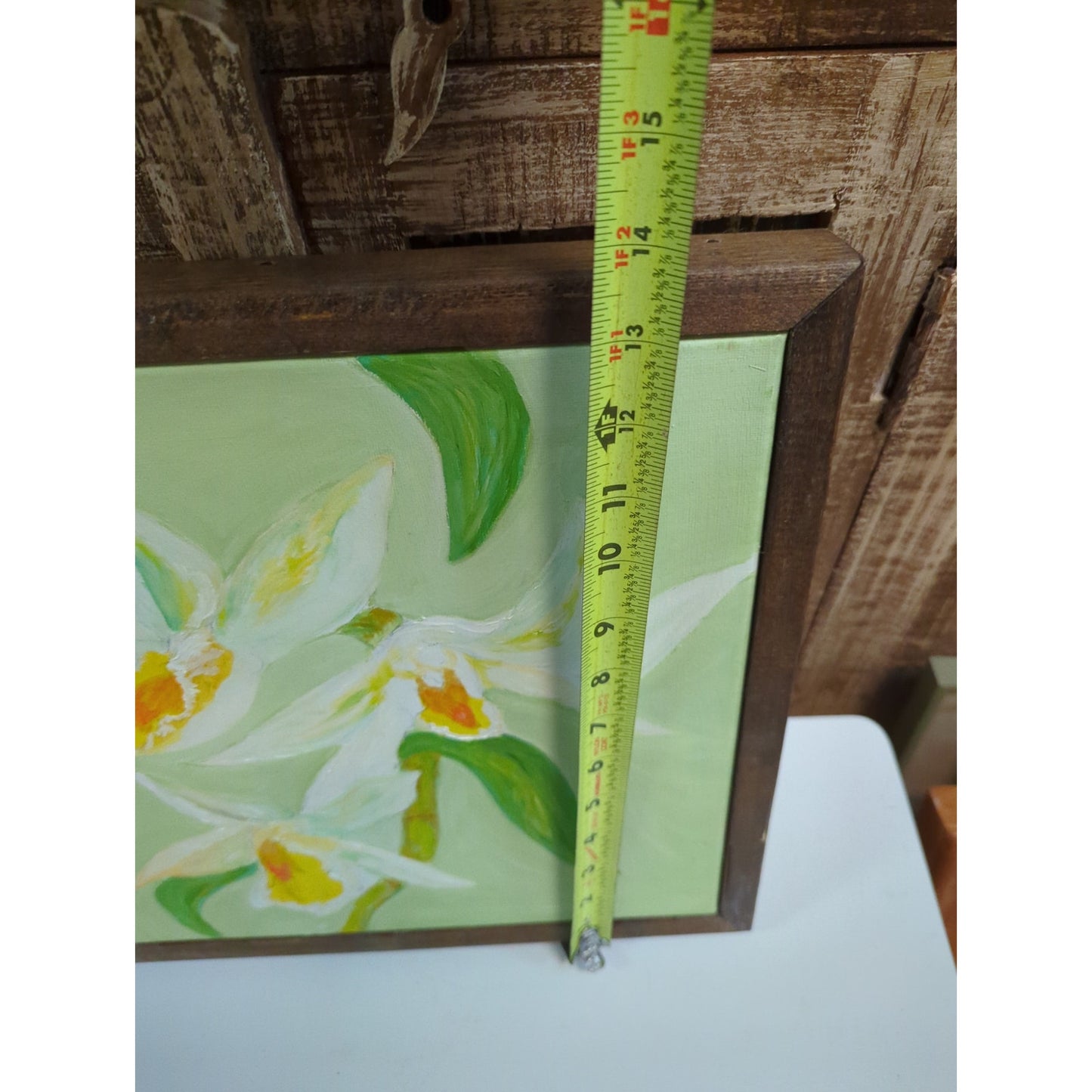13.6" x 13.6" Tropical Orchid Canvas Painting Framed Floral Abstract Wall Art
