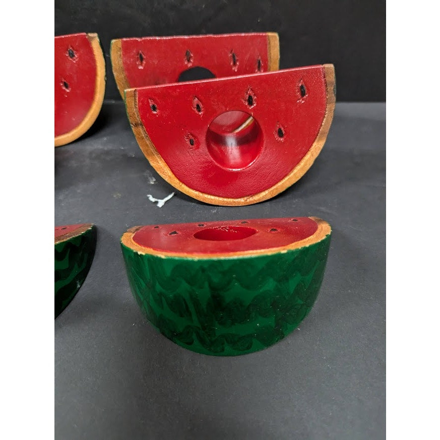 Vintage Painted Watermelon wood Napkin Holder (6) Napkin Ring Set 7pc. KITSCHY