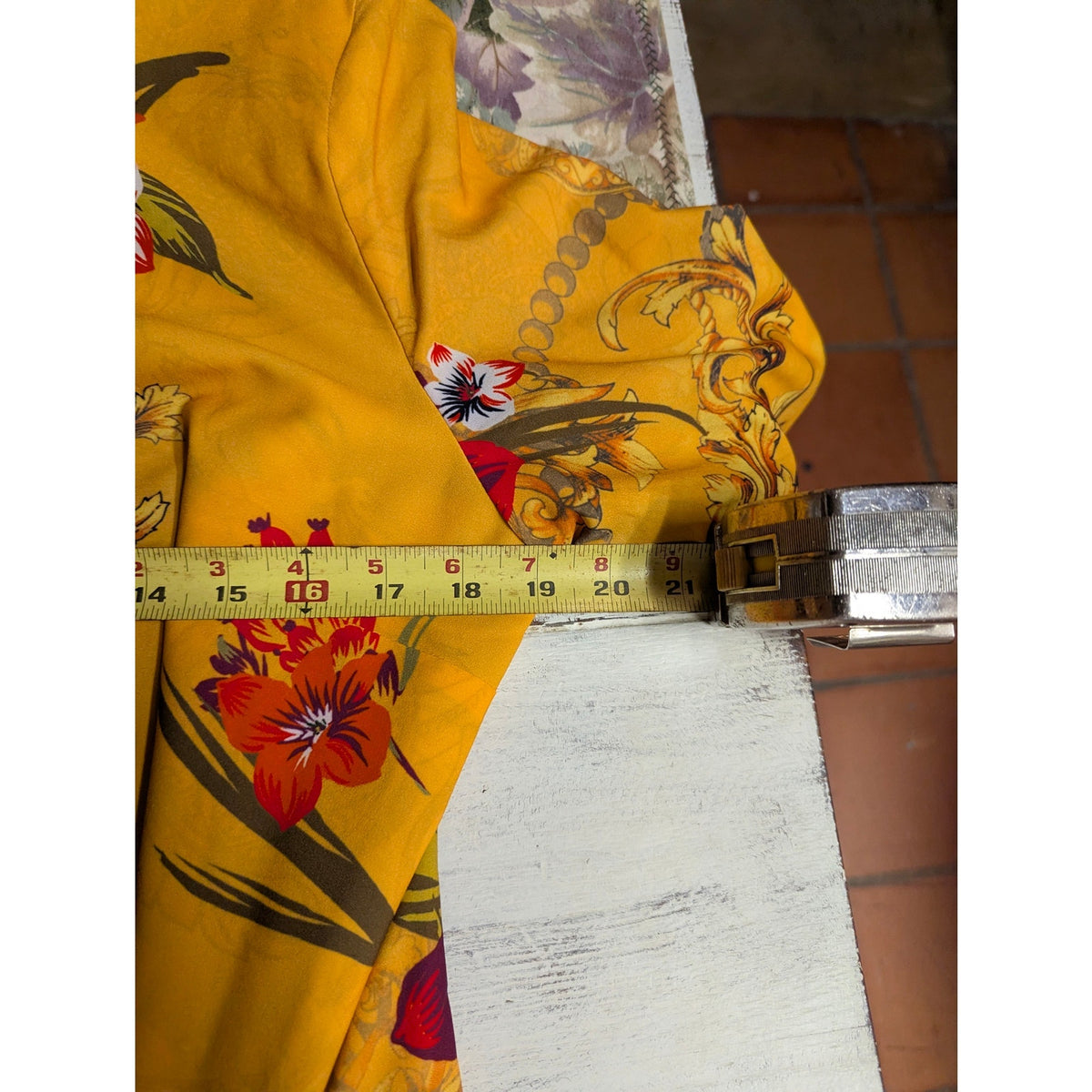 Nygard Mustard Yellow Floral Tropical Open Front Duster Kimono Cardigan