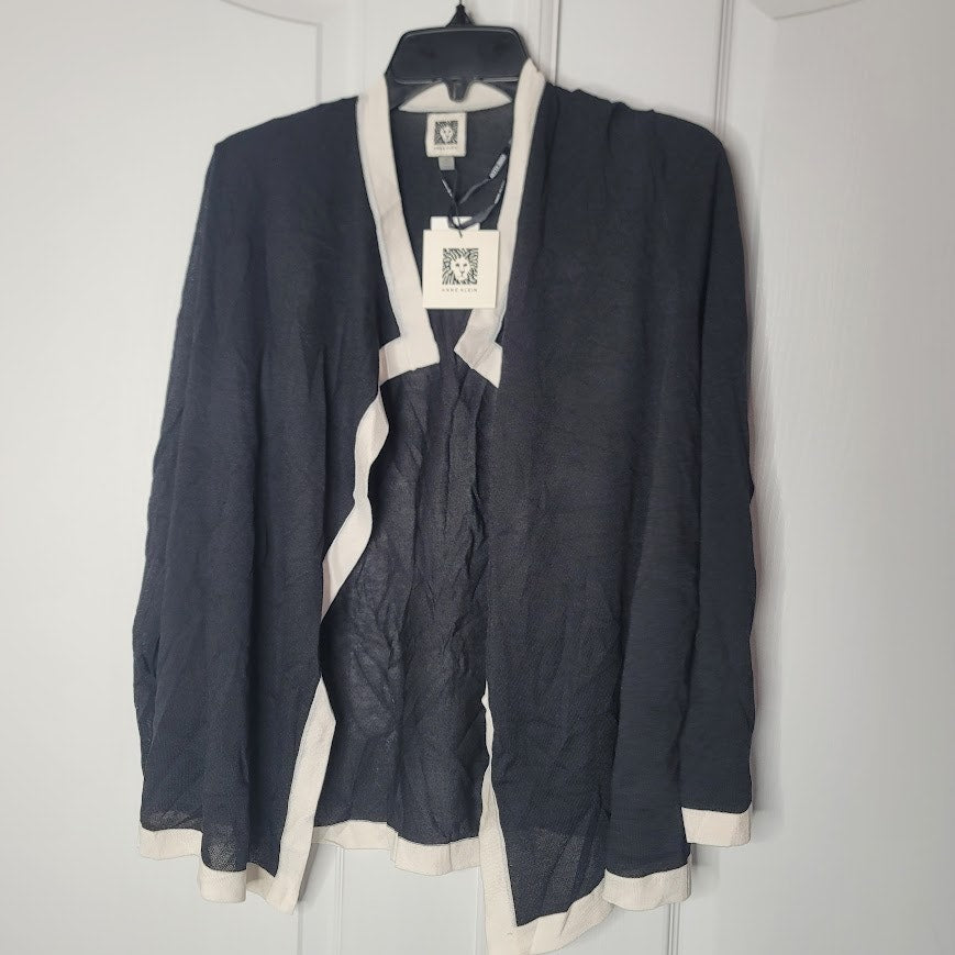 Anne Klein Angled Cardigan Lightweight Black White Trim NEW $109 Womens SMALL