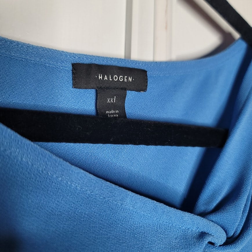 Halogen Vintage Chic Blue Long Sleeve Asymmetrical Ruched Neck Top Size XXL NWT