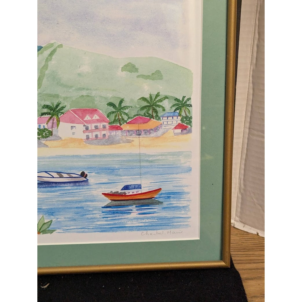 Chantal Marie Watercolor Painting St. Martin Frame 12 x 16 Grand Cove Carrbbean