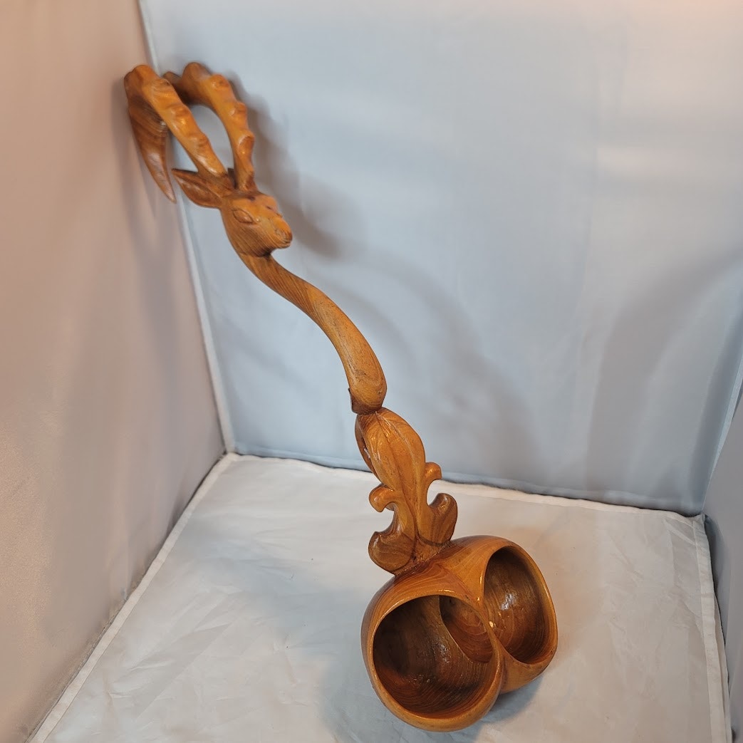 Hand carved double dipper ladle wood antelope ram head Kazakhstan Ожау