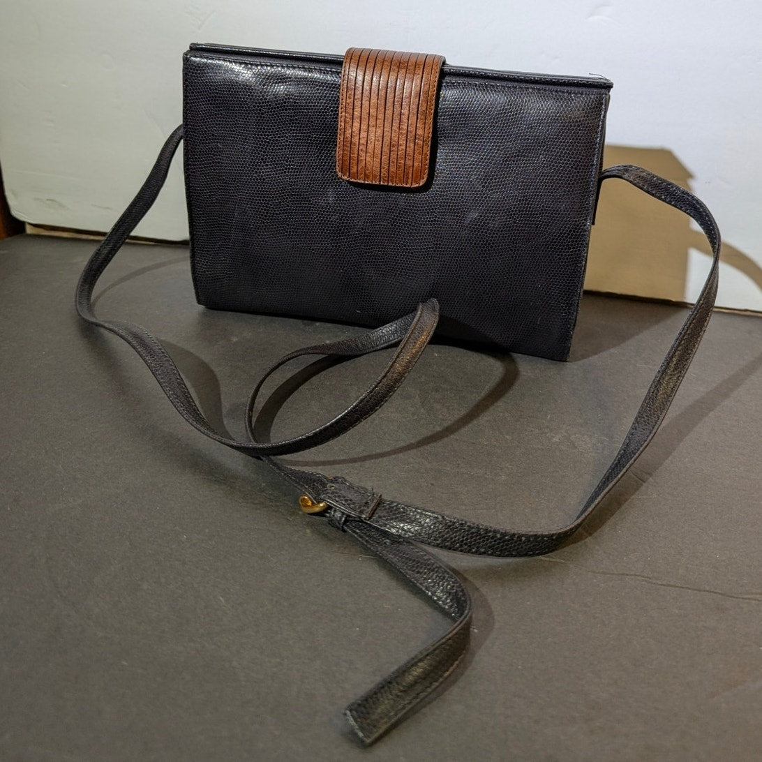Vintage Bellini Navy Blue Leather Crossbody Bag Brown Accents Y2K Minimalist