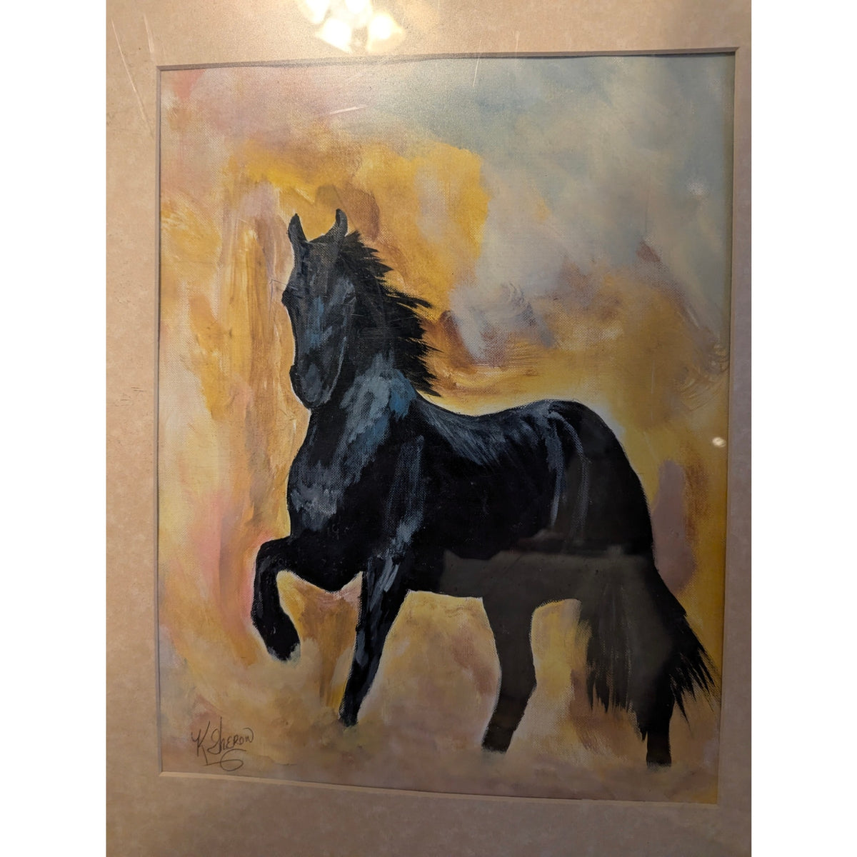 K Sheron Handpainted Black Stallion Horse Painting Signed 12x16 Trotting Beauty