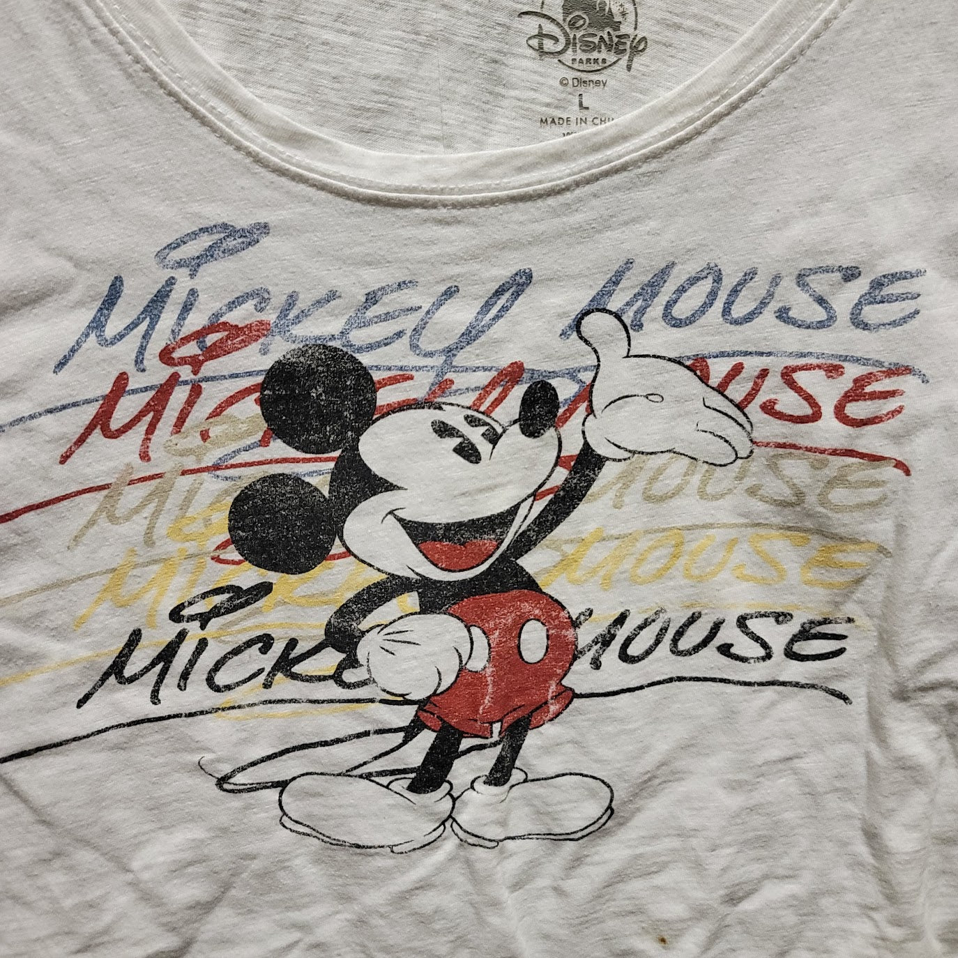 Disney Parks Size Large Short Sleeve White Mickey Cotton Faded Preowned