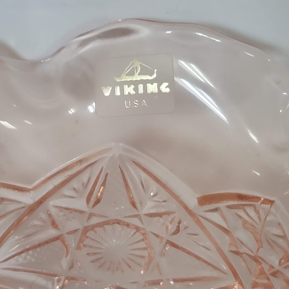 Viking Crystal Art Glass Pink Compote Candy Dish Footed ripple Edge Vintage