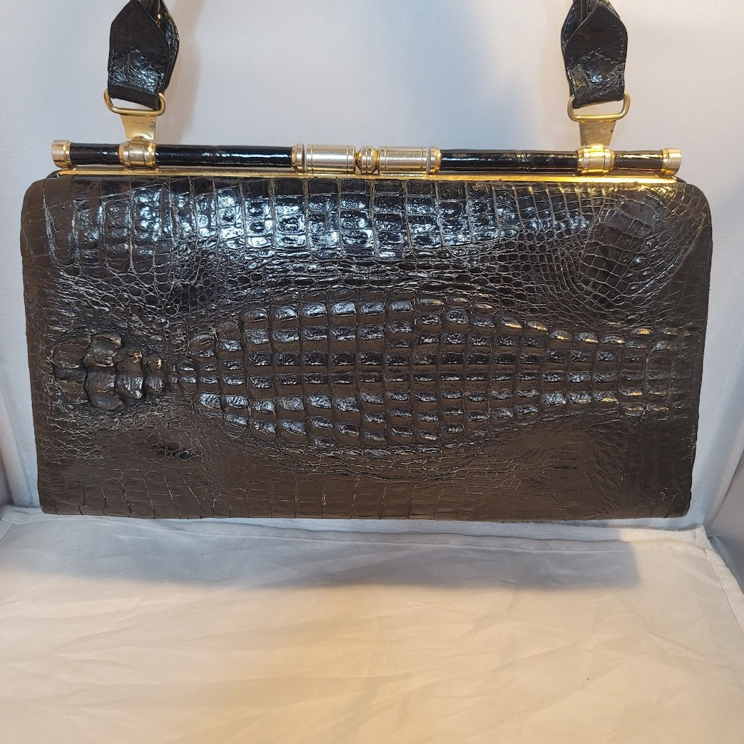 Vintage Genuine Crocodile Skin Hide handbag purse Black gold hardware