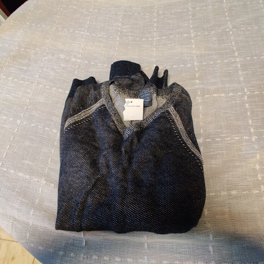 Tailor Vintage-Reversible Knit Pullover Sweater Long Sleeves V-Neck Gray Medium