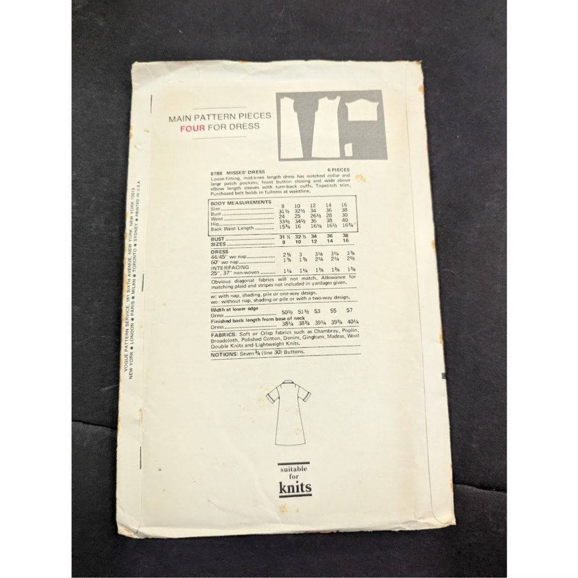 Vintage Pattern Sewing Crafts Hobby Vogue 8798 Size 12