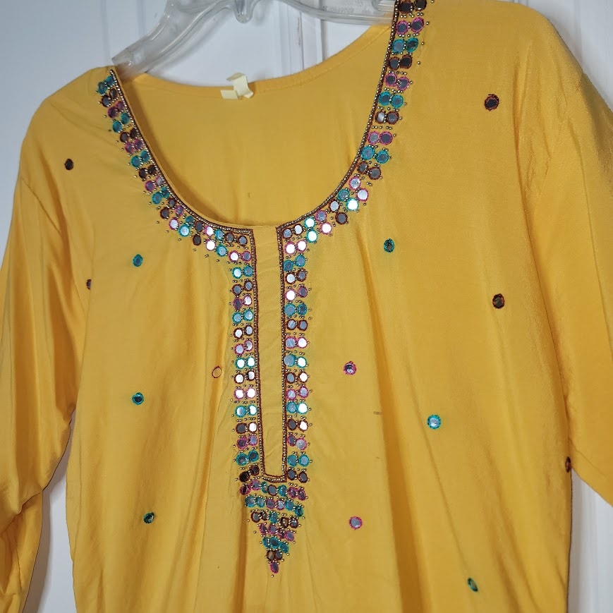 Fabindia Yellow Embroidered Long Sleeve Tunic Top Beaded Embellishments Large