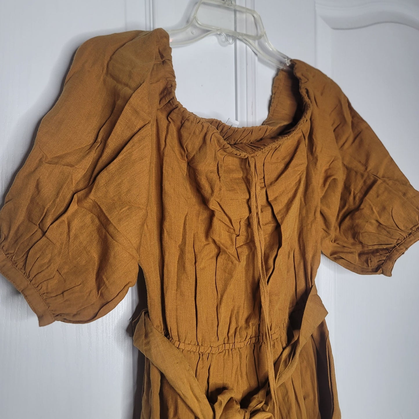 TOPSHOP Linen Belted Bardot Strapless Off Shoulder Dress Tan Brown Size 12