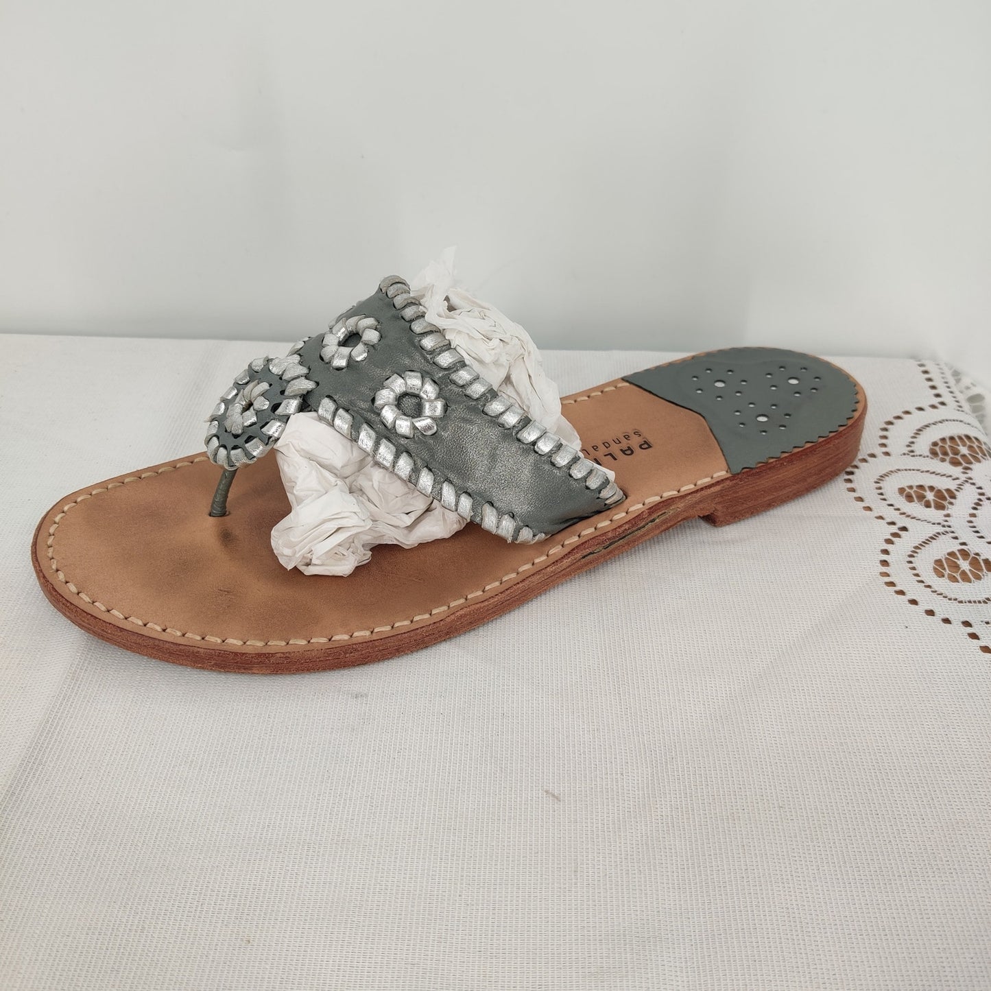 Palm Beach Sandals Metallic Gray Leather Flat Sandals Size 10 USA Made