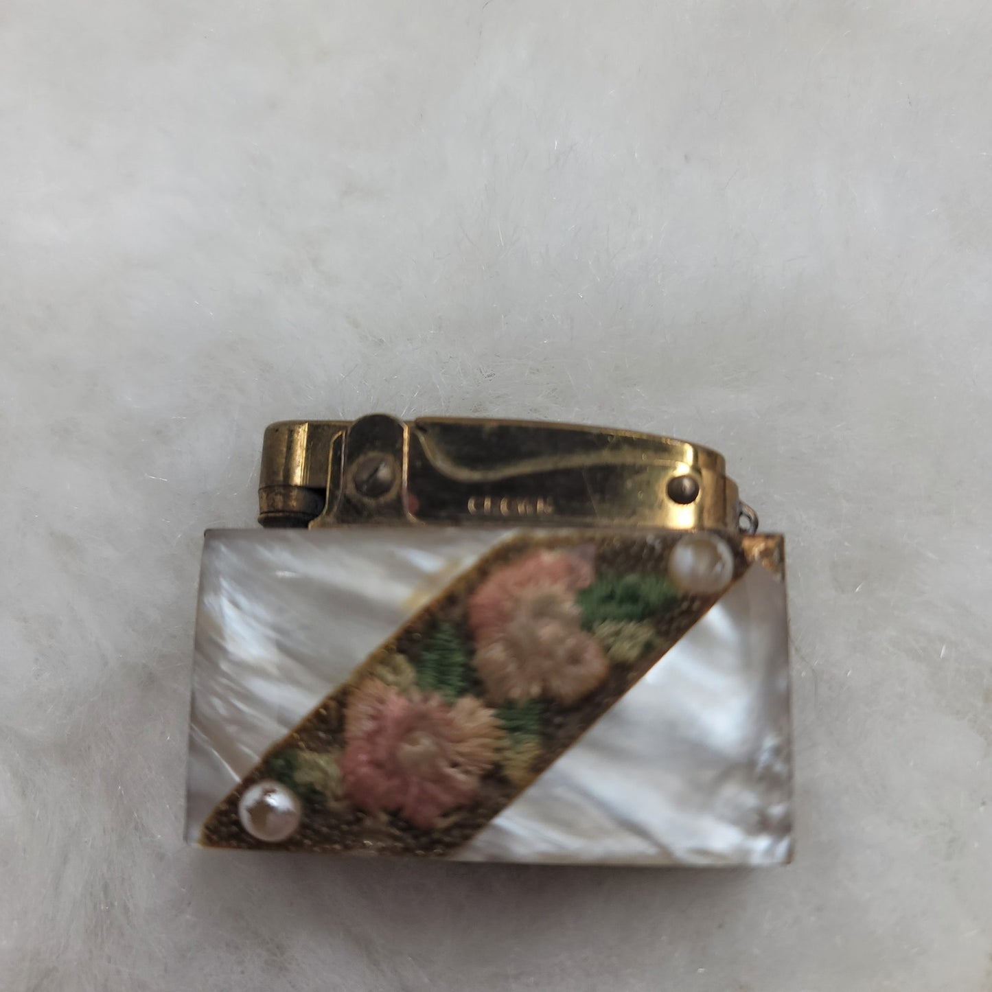 Vintage Crown Brass Mother of Pearl Pocket Lighter Antique Japan Floral Compact