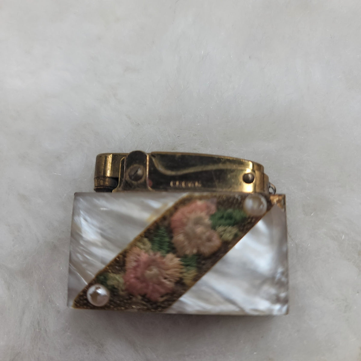 Vintage Crown Brass Mother of Pearl Pocket Lighter Antique Japan Floral Compact