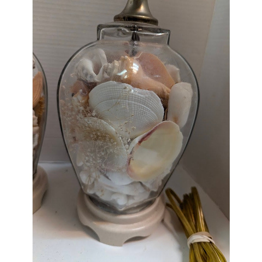 Pair Vintage Coastal Beach House Sea Shell Filled Glass Table Lamps Nautical
