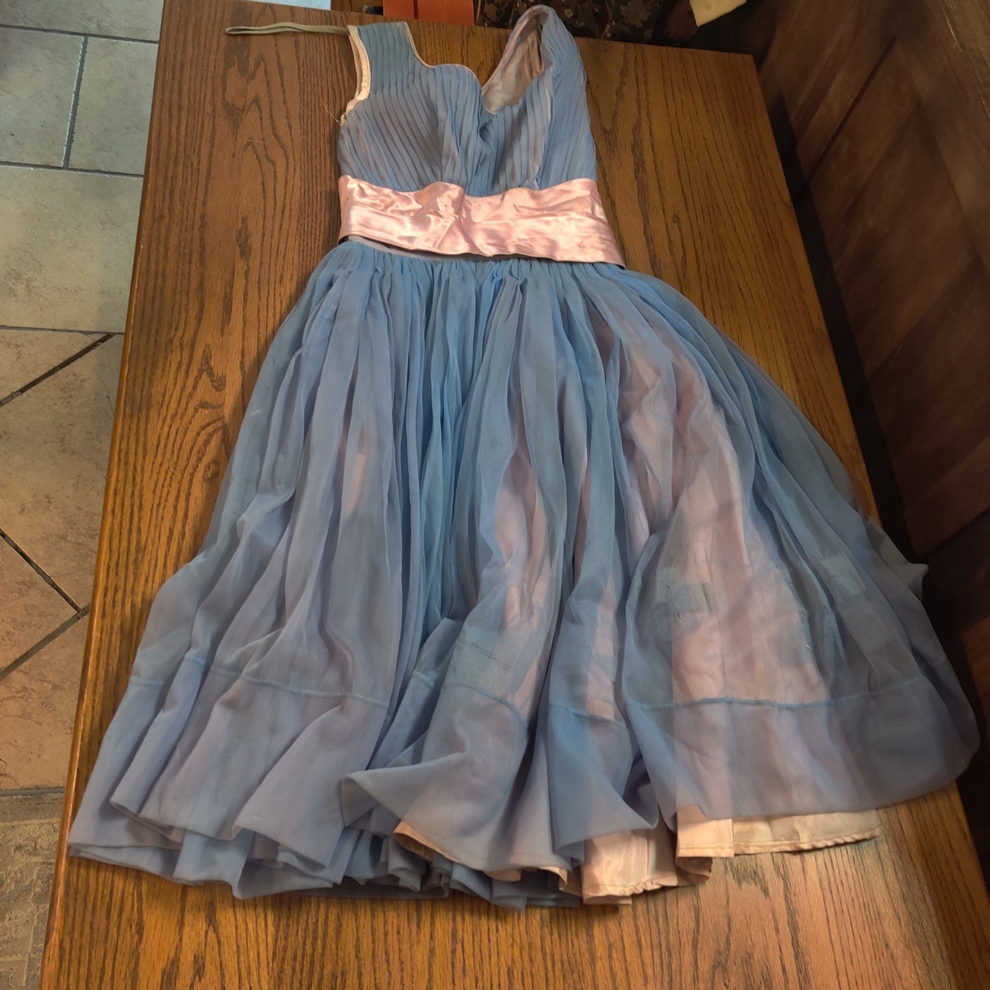 xs/small Vintage 1950s Regency Chiffon Party Dress Two Tone Blue Pink Cumberbund