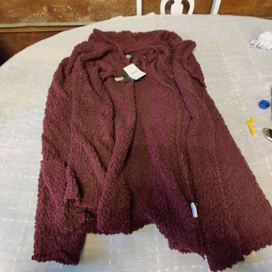 Bobeau Wine Burgundy Boucle Popcorn Draped Button Cardigan Sweater