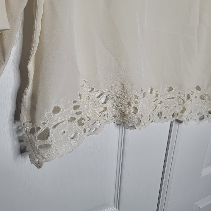 Eileen Fisher 100% Silk Ivory blouse Top Embroidery detail long sleeve Medium