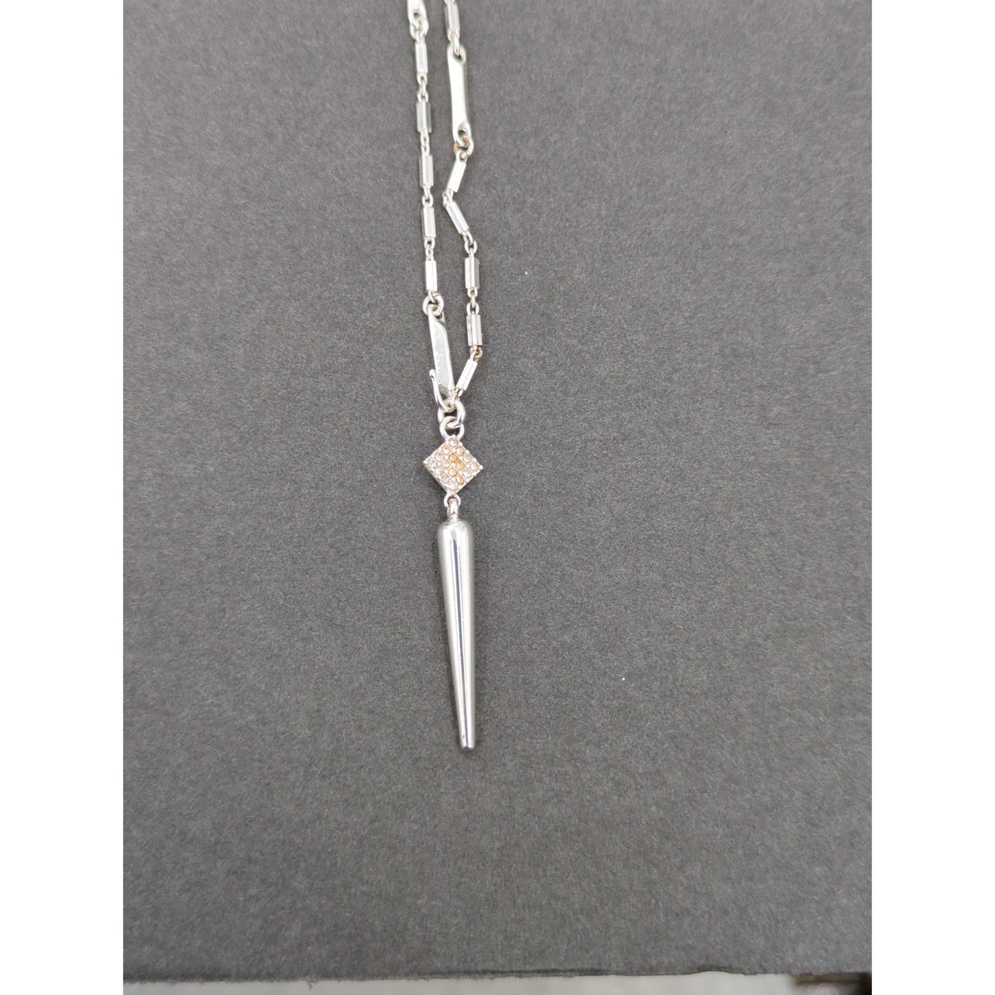 Vintage Fashion Necklace 15.5" long stiletto pendant MODERNIST silvertone
