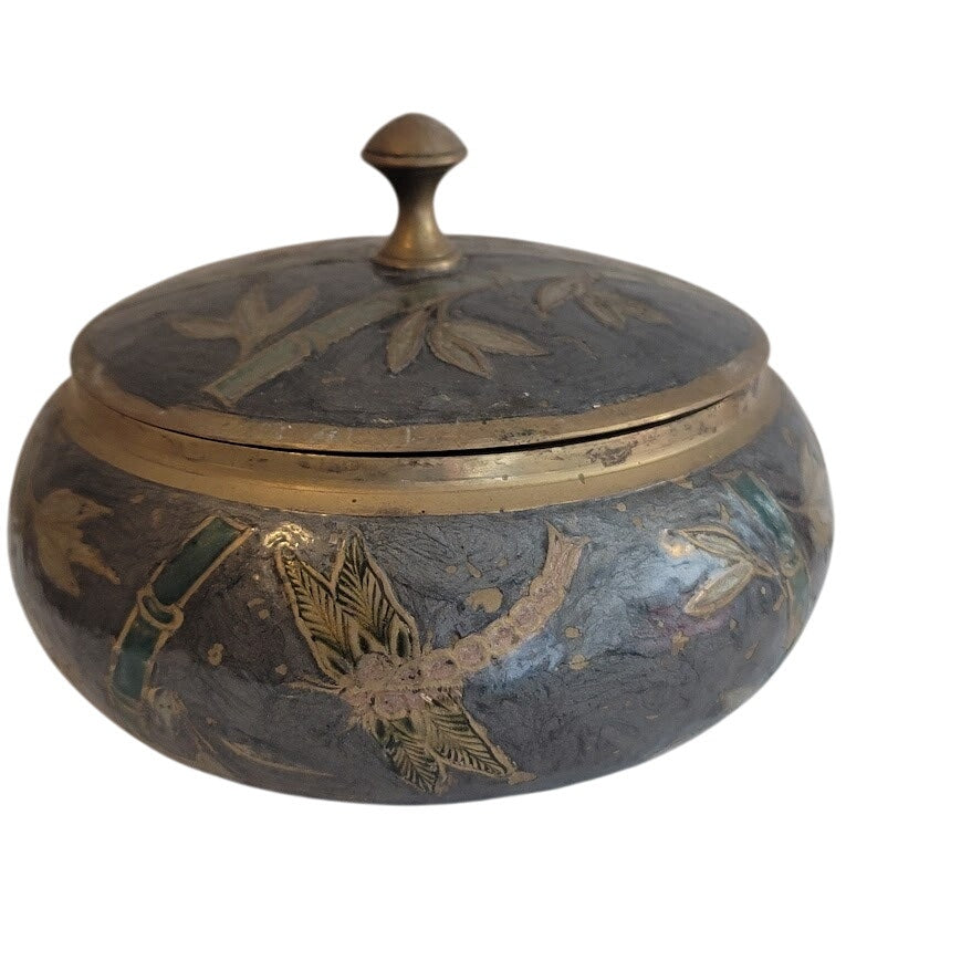 Vintage Jewelry Asian Bamboo Cloisonné Round Brass Trinket Lidded Powder Box