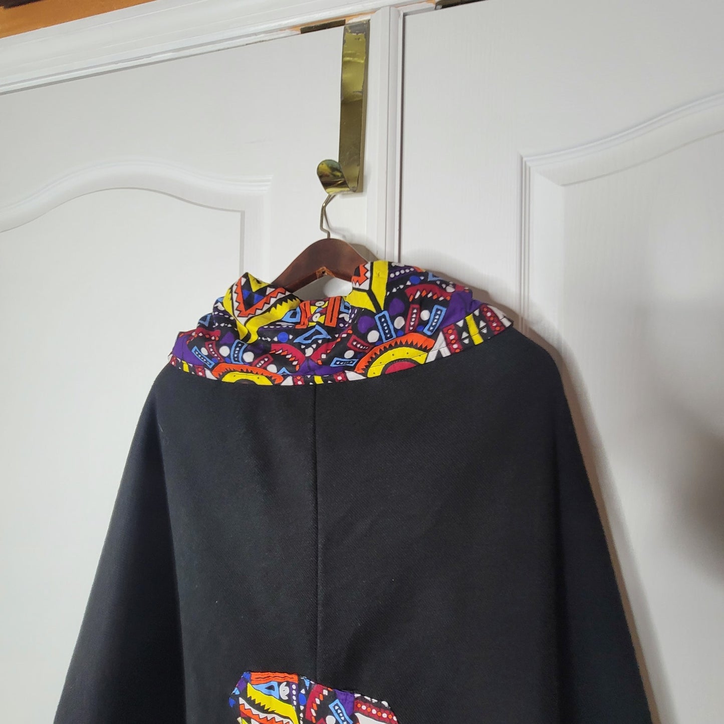 Afrocentric Cowl Neck Poncho Graphic Cape Ankara Trim Black Boho Cozy DrapeCore