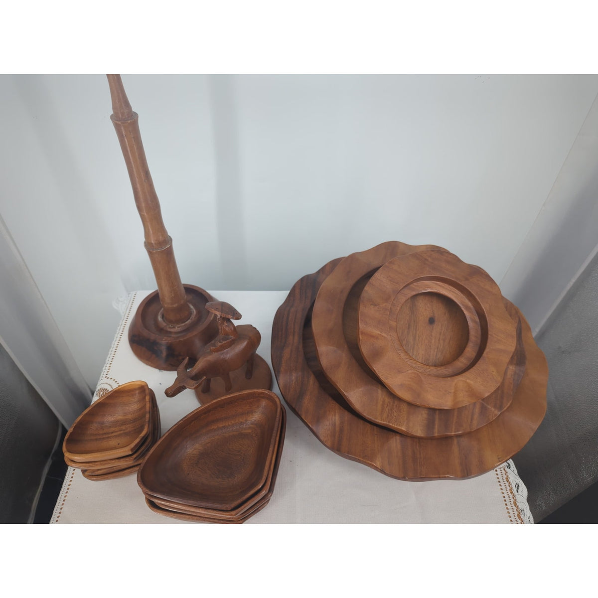 Vintage MCM Hand-Carved Wooden 3-Tiered Serving Stand with Water Buffalo Topper
