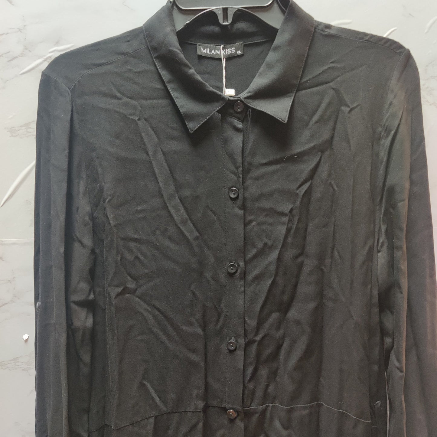 Milan Kiss Black Long-Sleeve Maxi Shirt Dress Viscose XL Collared Button Front