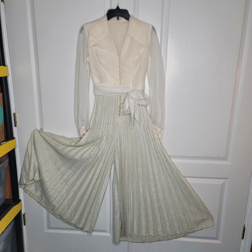 Vintage WIDE pleated silver Bell Bottom Jumpsuit 1 PIECE chiffon top belt Medium