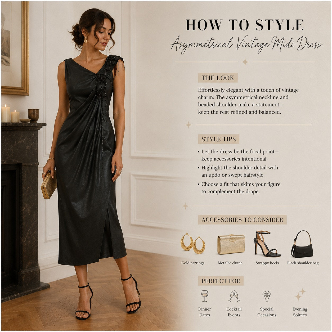 Vintage Black Asymmetrical Beaded Strap Satin Finish Midi Gown Dress Extra Small