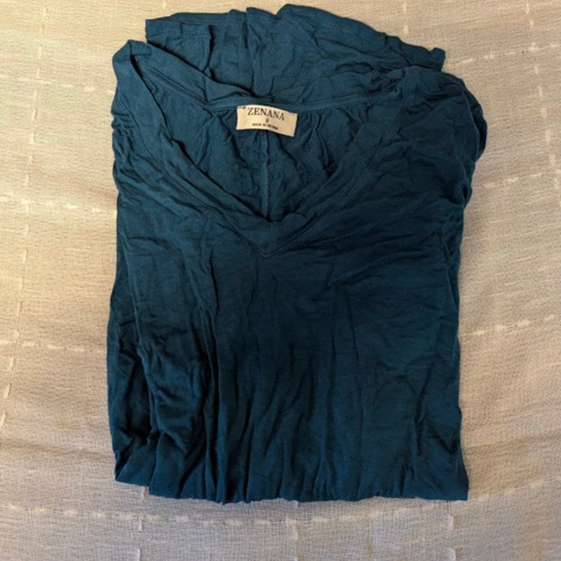 Zenana Long Sleeve Teal Blue Relaxed Fit V-Neck Round Hem Top Small CASUAL layer