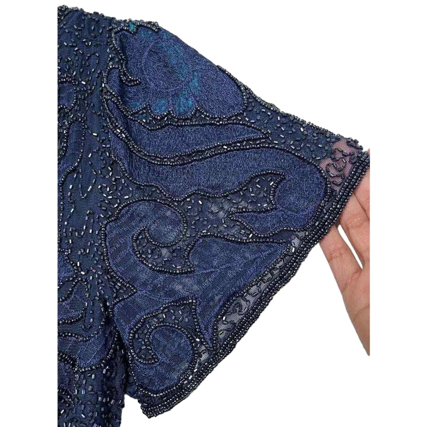 Pisarro Nights Column Dress cap sleeve Beaded Mesh Formal Gown Sz 12 in Navy NEW