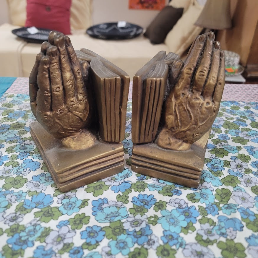 Vintage Marwal Chalkware praying hands bookends gold faux bronze religious