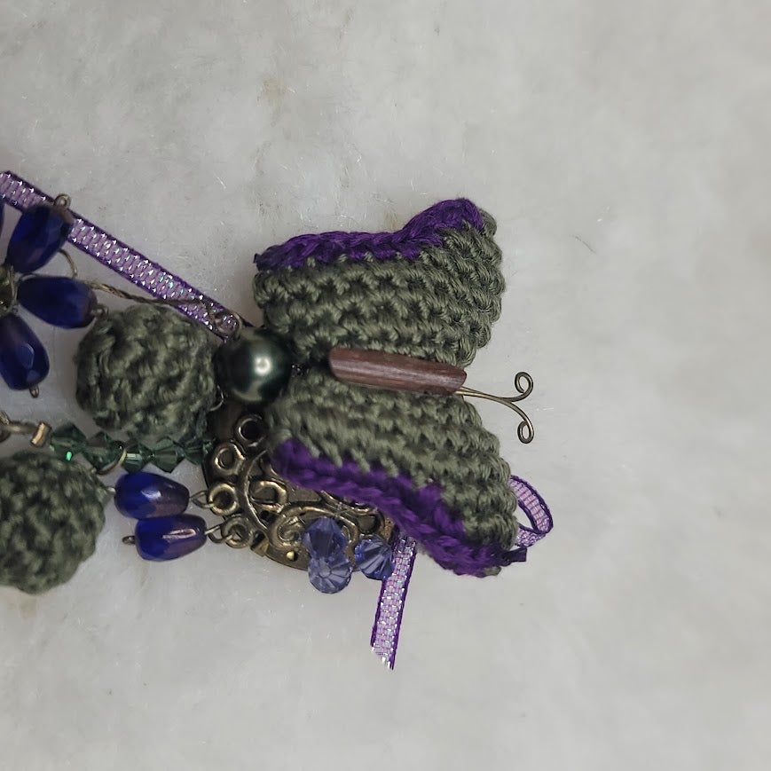 Vintage Handmade Japan Butterfly Crochet Assemblage Brooch Pin Purple Flowers